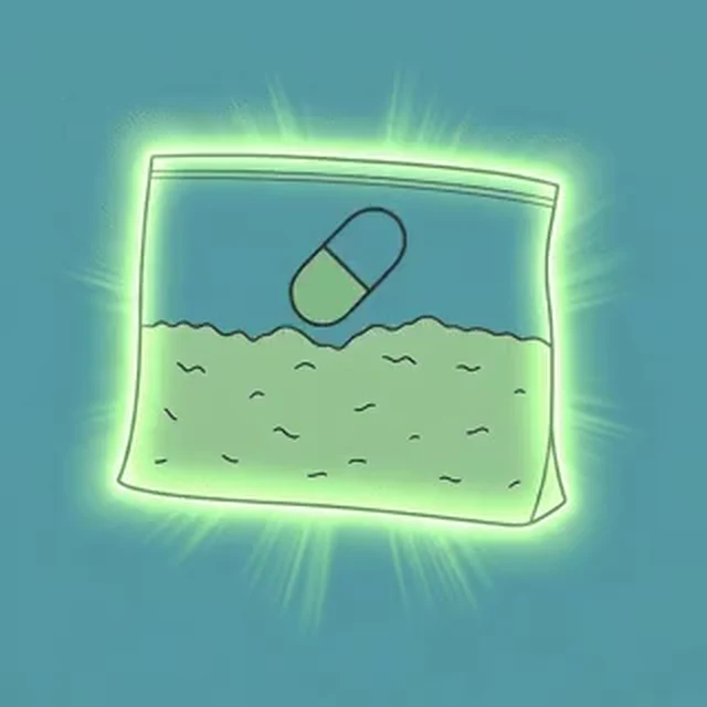 a zip bag of glowing green powder with one capsule floating in it